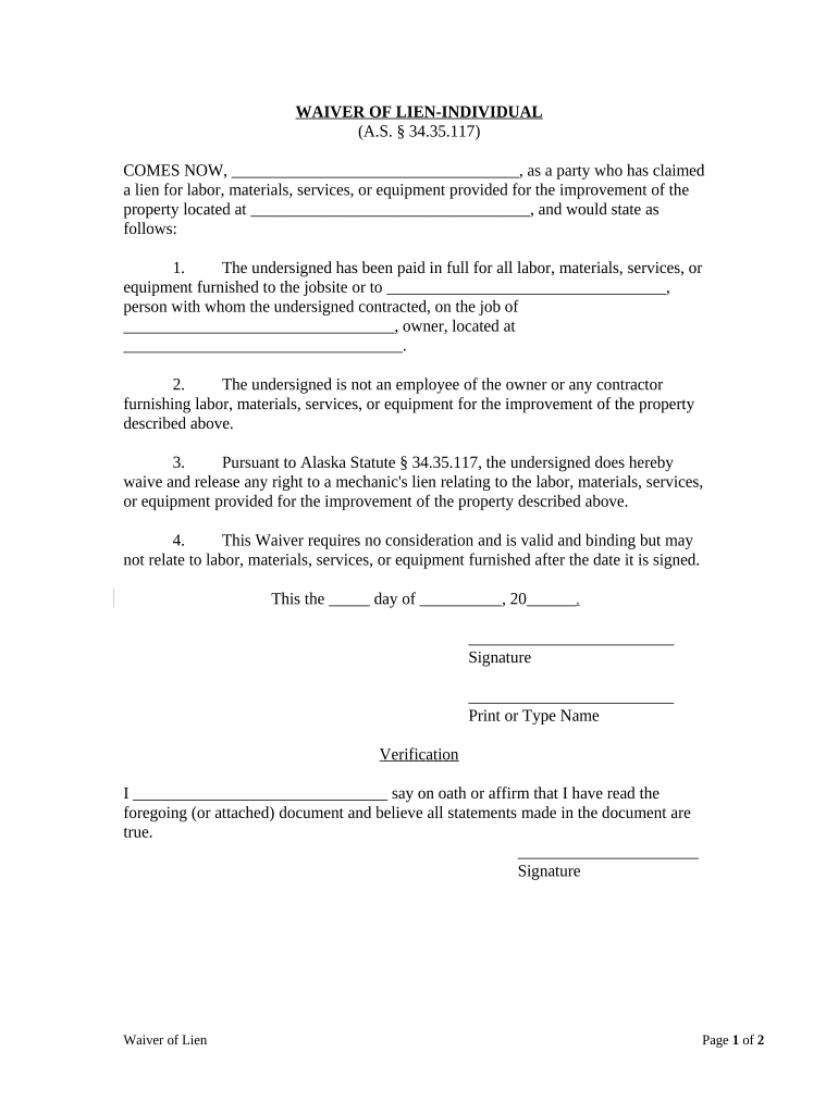 Waiver of Lien Individual Alaska  Form