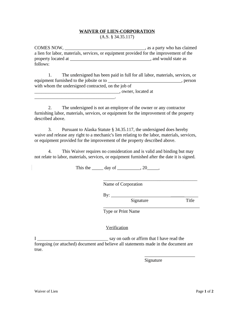 Waiver of Lien Corporation or LLC Alaska  Form