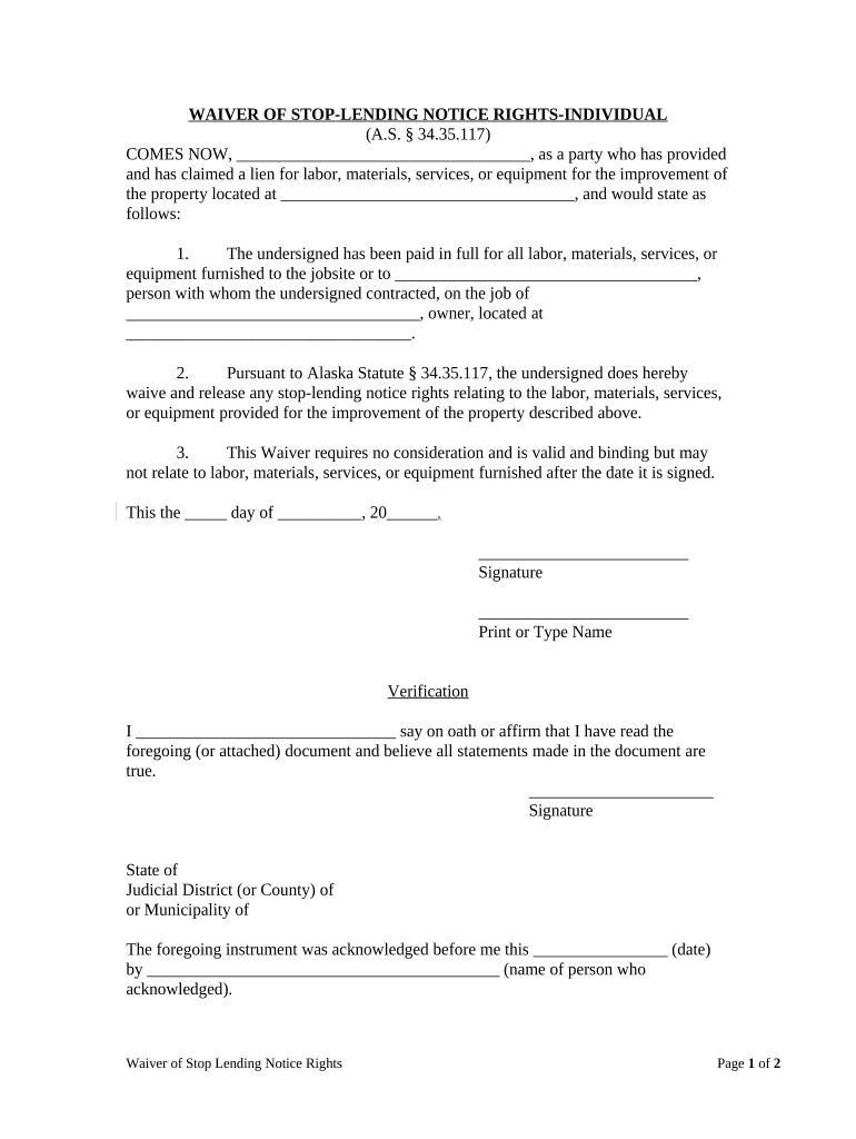 Waiver of Stop Lending Notice Rights Individual Alaska  Form