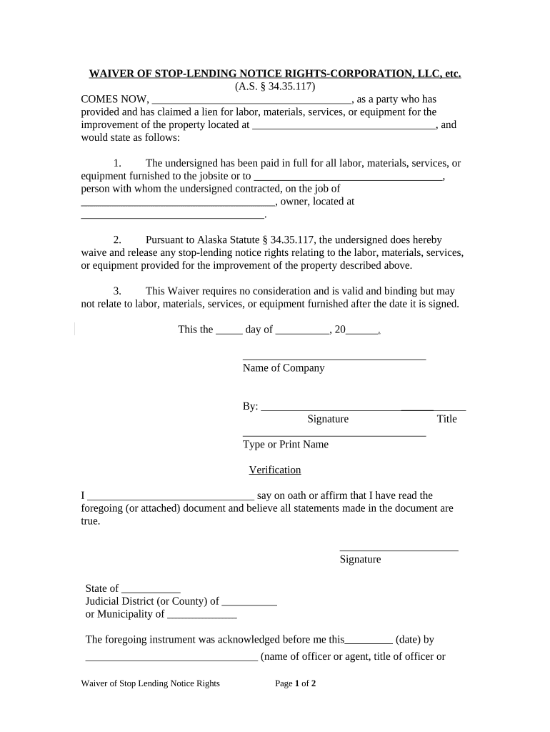 Waiver of Stop Lending Notice Rights Corporation or LLC Alaska  Form