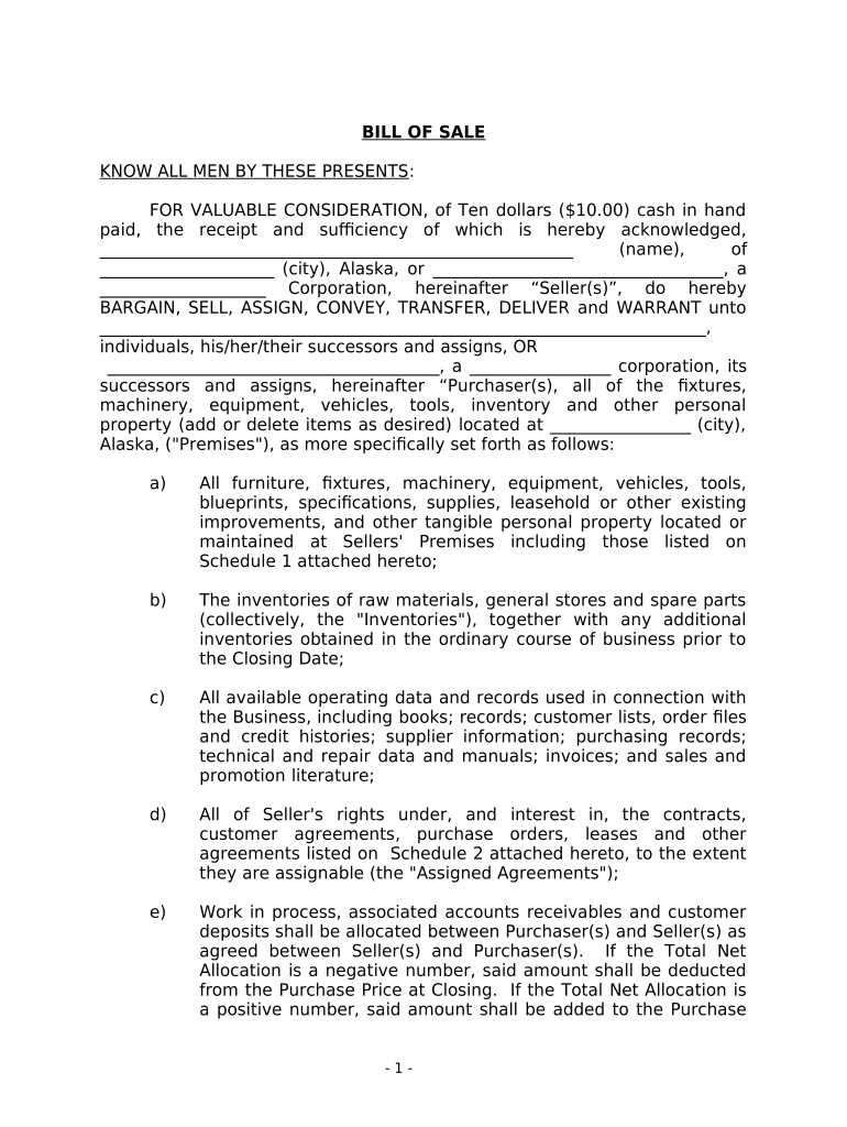 Bill of Sale in Connection with Sale of Business by Individual or Corporate Seller Alaska  Form