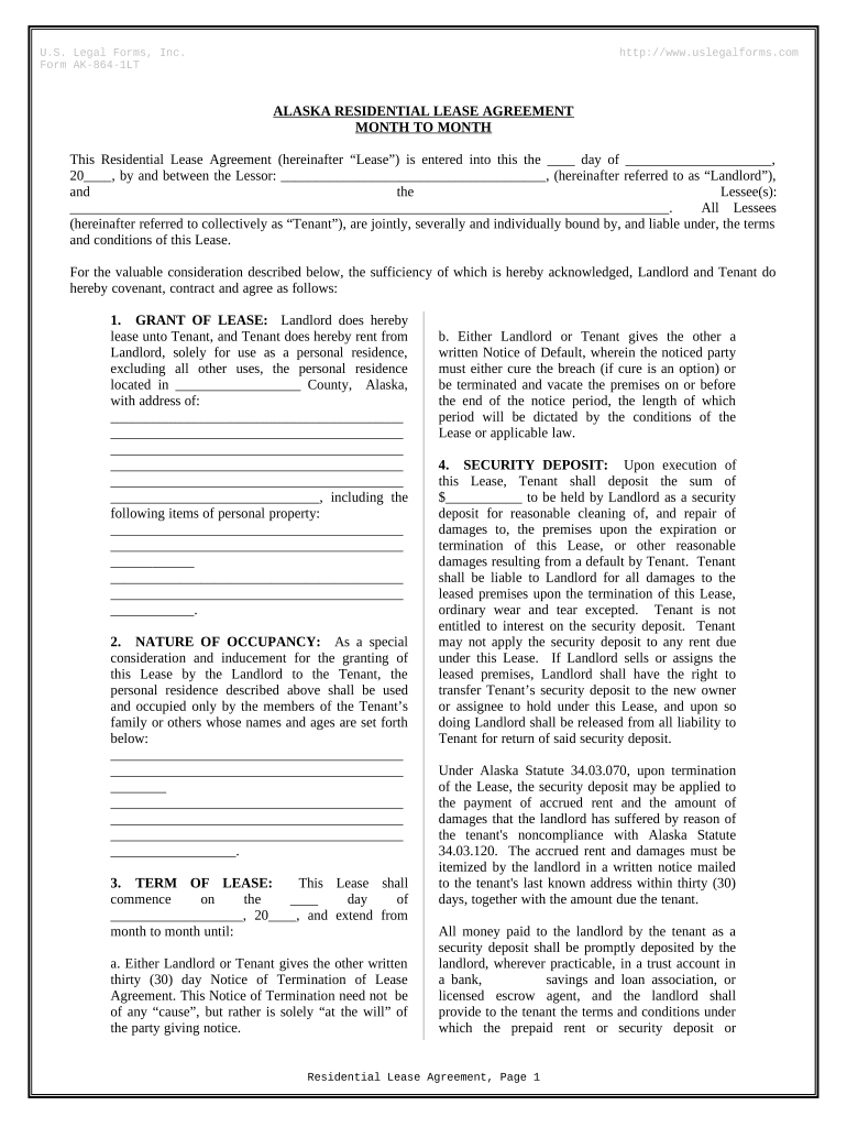 Residential Lease or Rental Agreement for Month to Month Alaska  Form