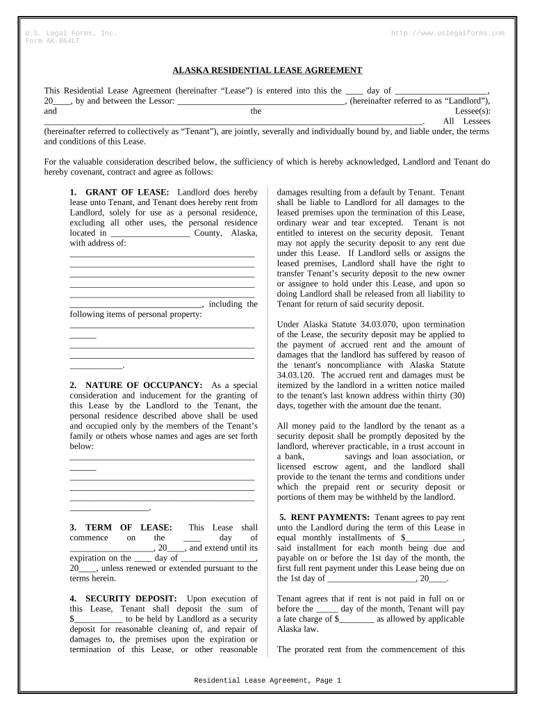 Residential Rental Lease Agreement Alaska  Form