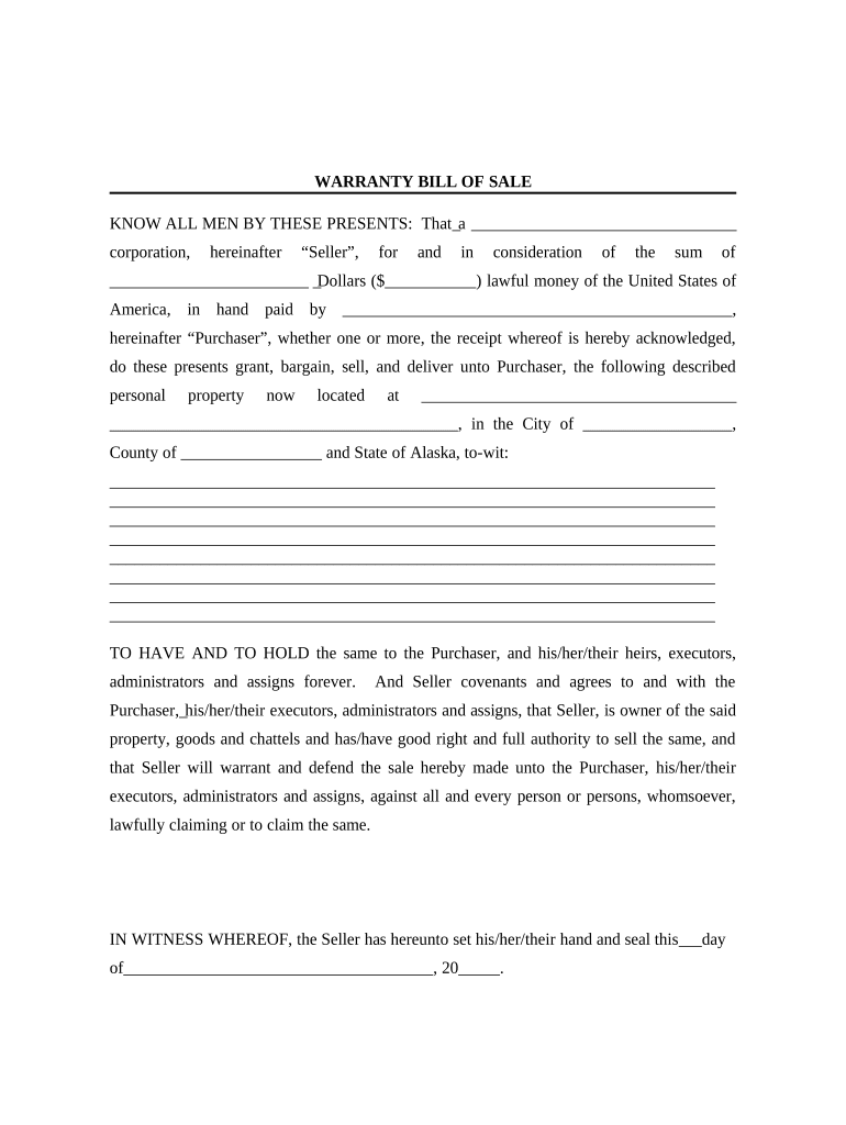 Bill of Sale with Warranty for Corporate Seller Alaska  Form