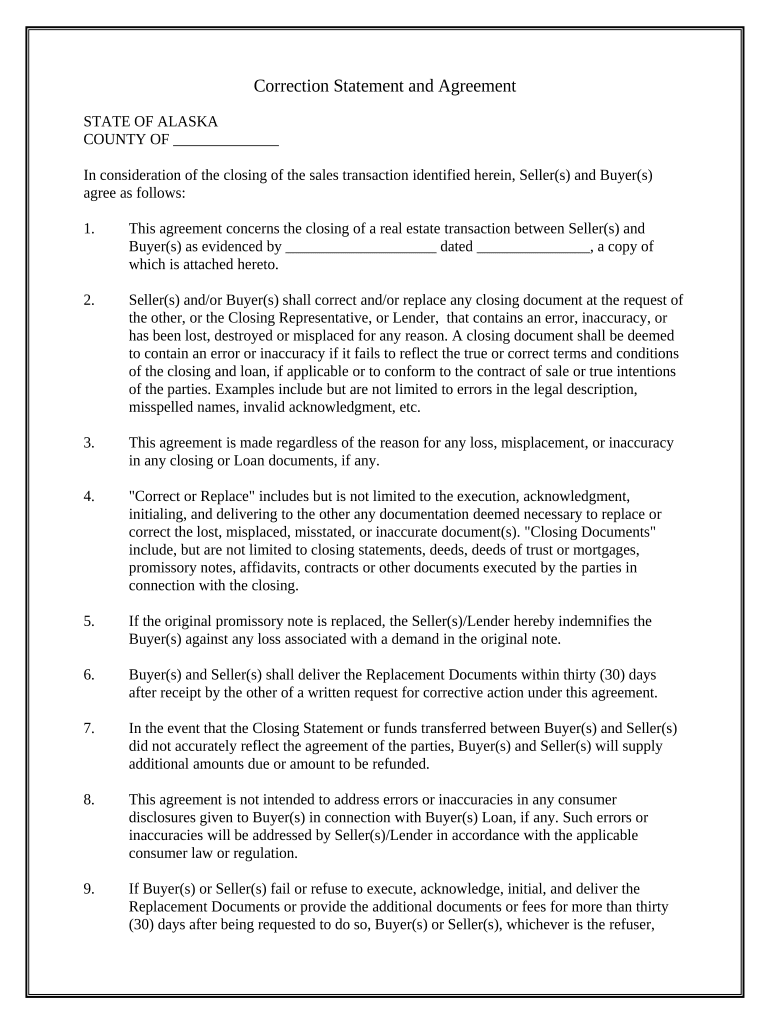 Correction Statement and Agreement Alaska  Form