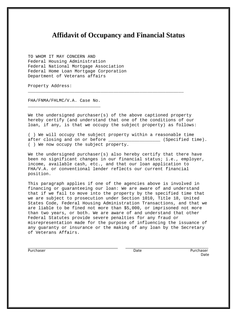 Affidavit of Occupancy and Financial Status Alaska  Form