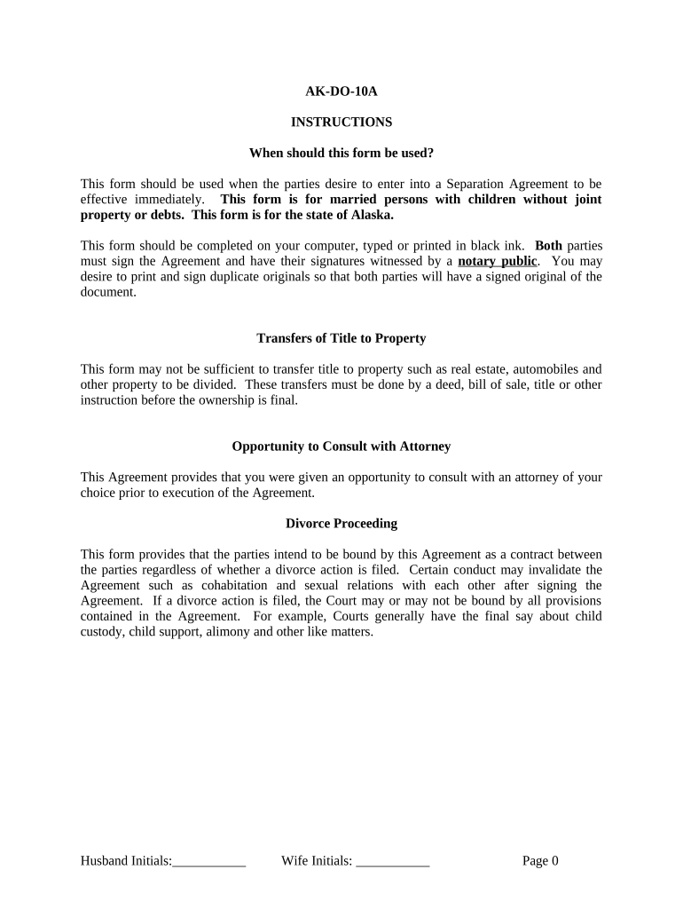 Marital Legal Separation and Property Settlement Agreement Where Minor Children and No Joint Property or Debts that is Effective  Form