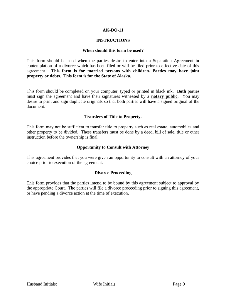 Marital Legal Separation and Property Settlement Agreement Where Minor Children and Parties May Have Joint Property or Debts and  Form