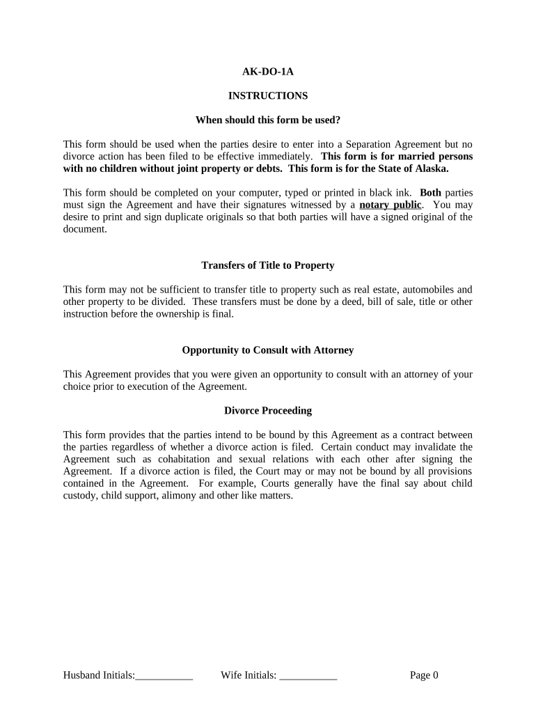 Marital Legal Separation and Property Settlement Agreement for Persons with No Children, No Joint Property or Debts Effective Im  Form