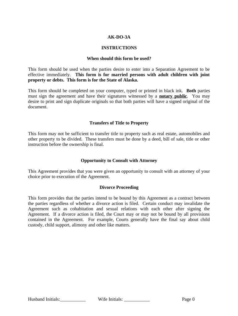 Marital Legal Separation and Property Settlement Agreement Where Adult Children and Parties May Have Joint Property or Debts and  Form