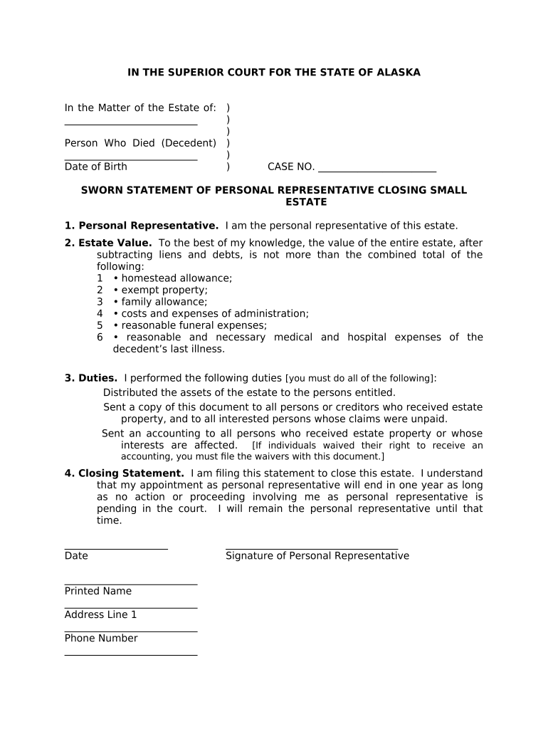 Alaska Personal Representative  Form