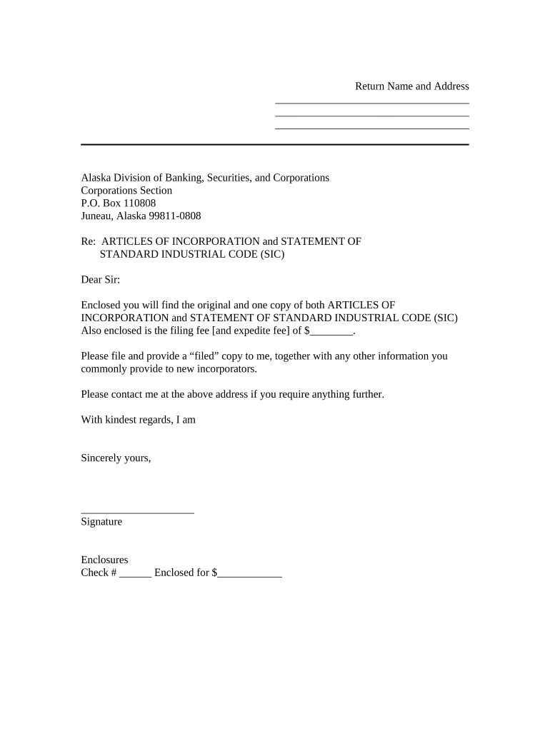 Sample Transmittal Letter to Secretary of State's Office to File Articles of Incorporation Alaska Alaska  Form
