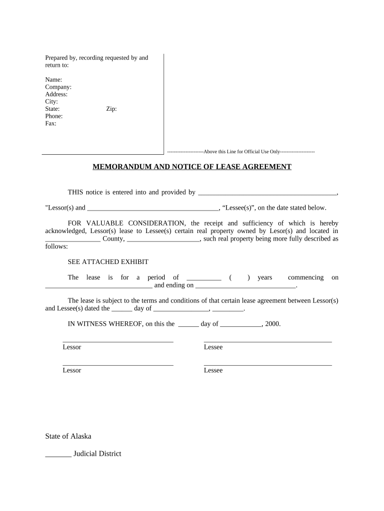 Notice of Lease for Recording Alaska  Form