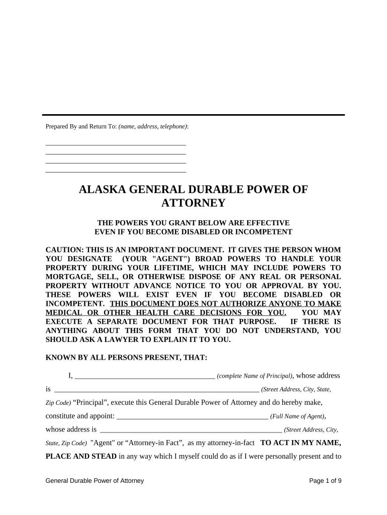 General Durable Power of Attorney for Property and Finances or Financial Effective Upon Disability Alaska  Form