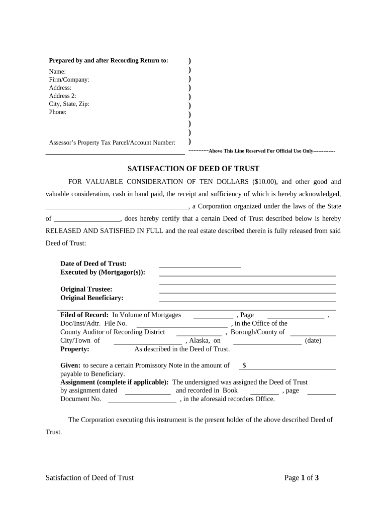 Satisfaction, Release or Cancellation of Deed of Trust by Corporation Alaska  Form