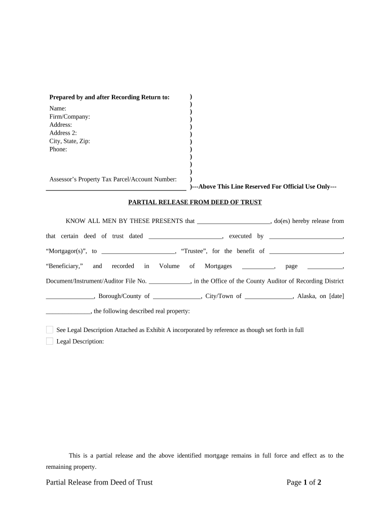 Partial Release of Property from Deed of Trust for Corporation Alaska  Form