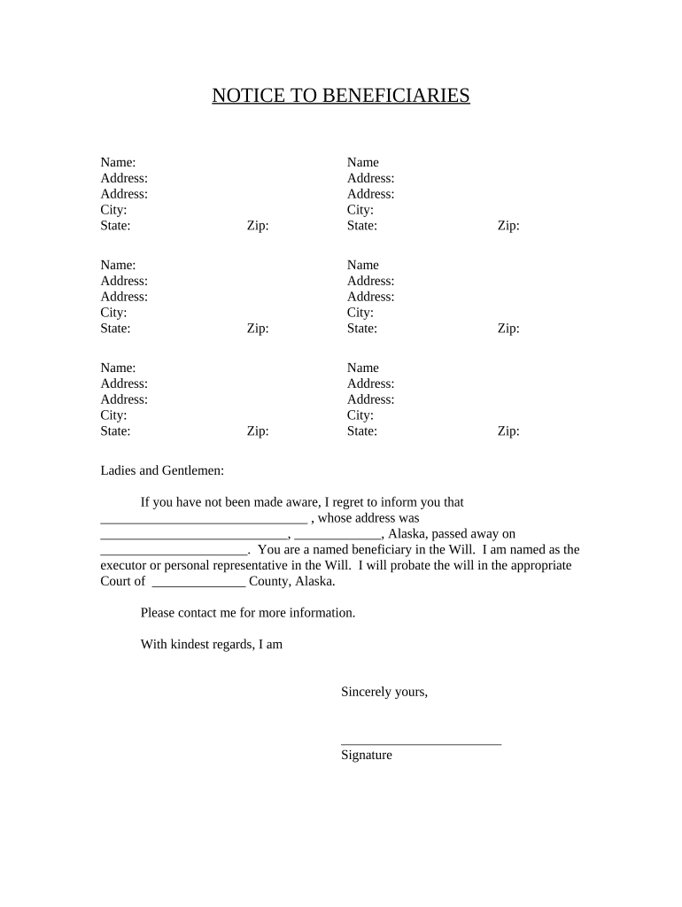 Notice to Beneficiaries of Being Named in Will Alaska  Form