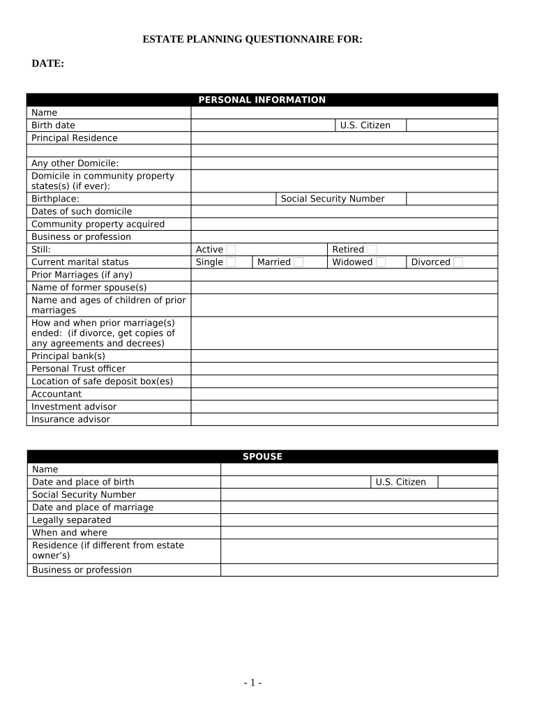 Estate Planning Questionnaire and Worksheets Alaska  Form