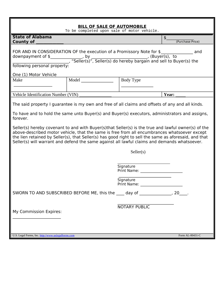 Bill of Sale for Automobile or Vehicle Including Odometer Statement and Promissory Note Alabama  Form