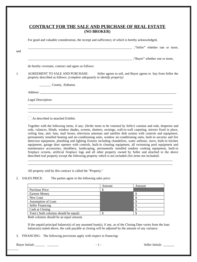 Contract for Sale and Purchase of Real Estate with No Broker for Residential Home Sale Agreement Alabama  Form