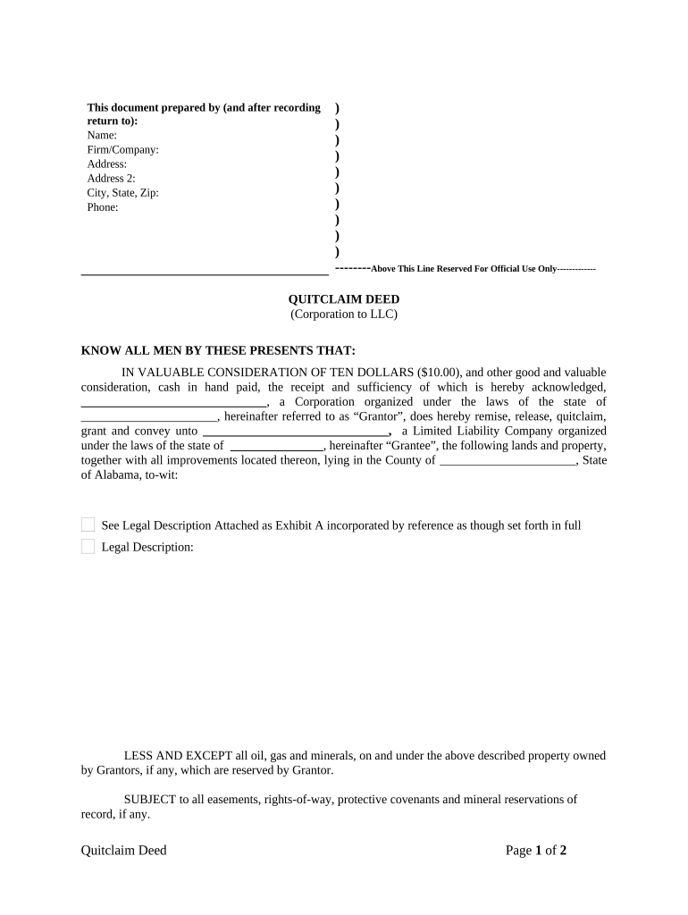 Quitclaim Deed from Corporation to LLC Alabama  Form