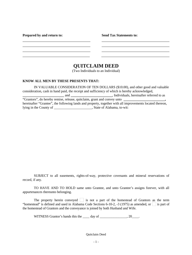 Quitclaim Deed from Two Individuals to an Individual Alabama  Form