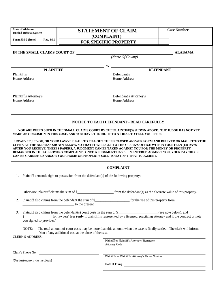 Alabama Claim Property  Form