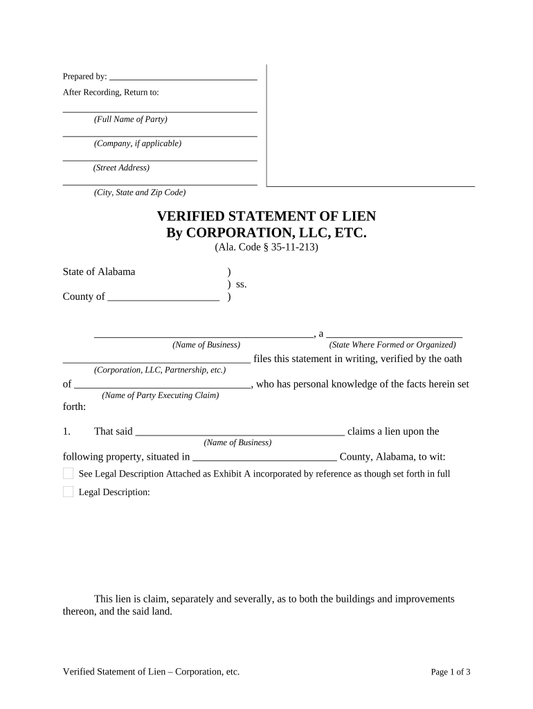 Verified Statement of Lien by Corporation or LLC Alabama  Form