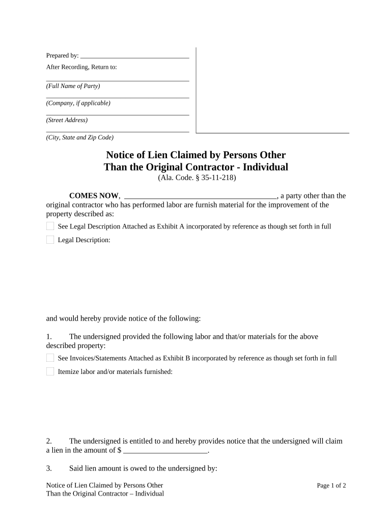 Notice of Claim of Lien by Party Other Than Original Contractor Individual Alabama  Form