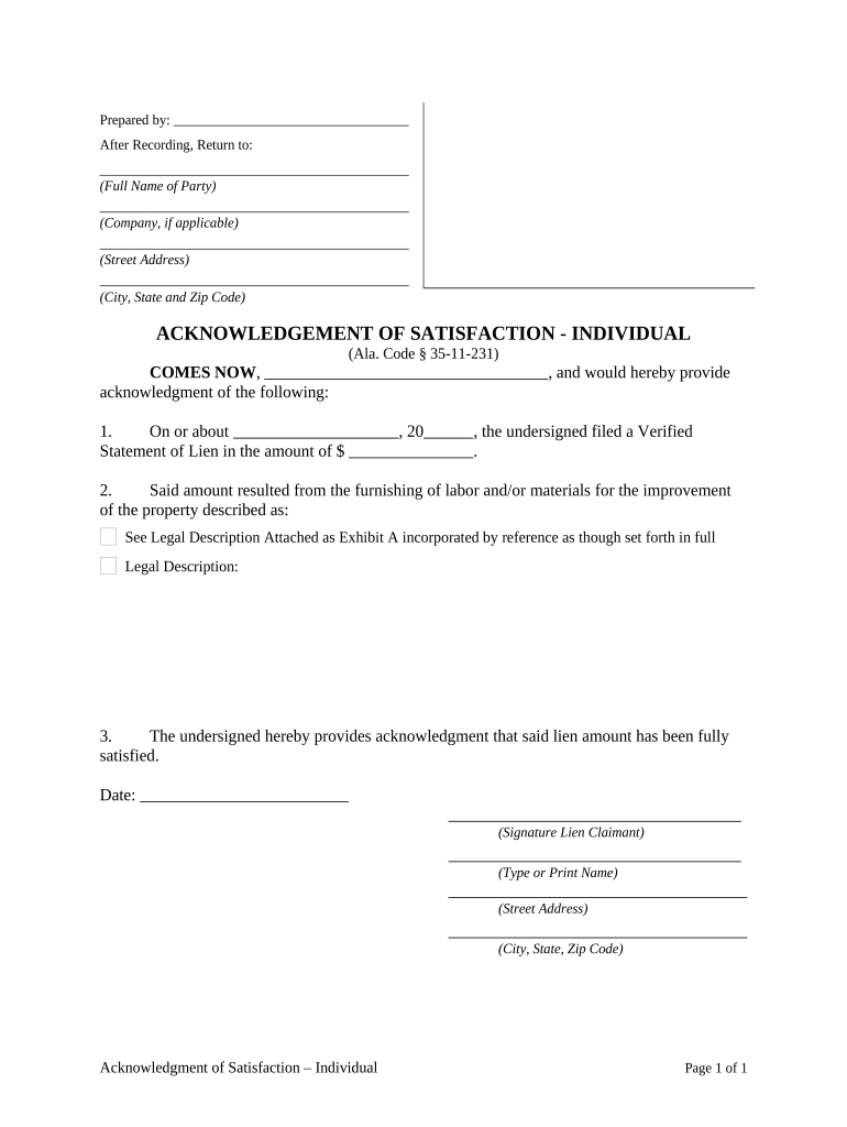 Acknowledgment of Satisfaction Individual Alabama  Form