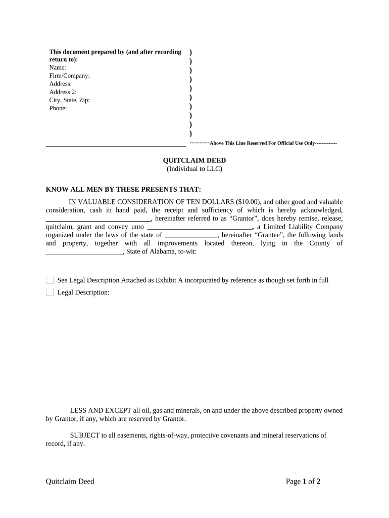 Quitclaim Deed from Individual to LLC Alabama  Form