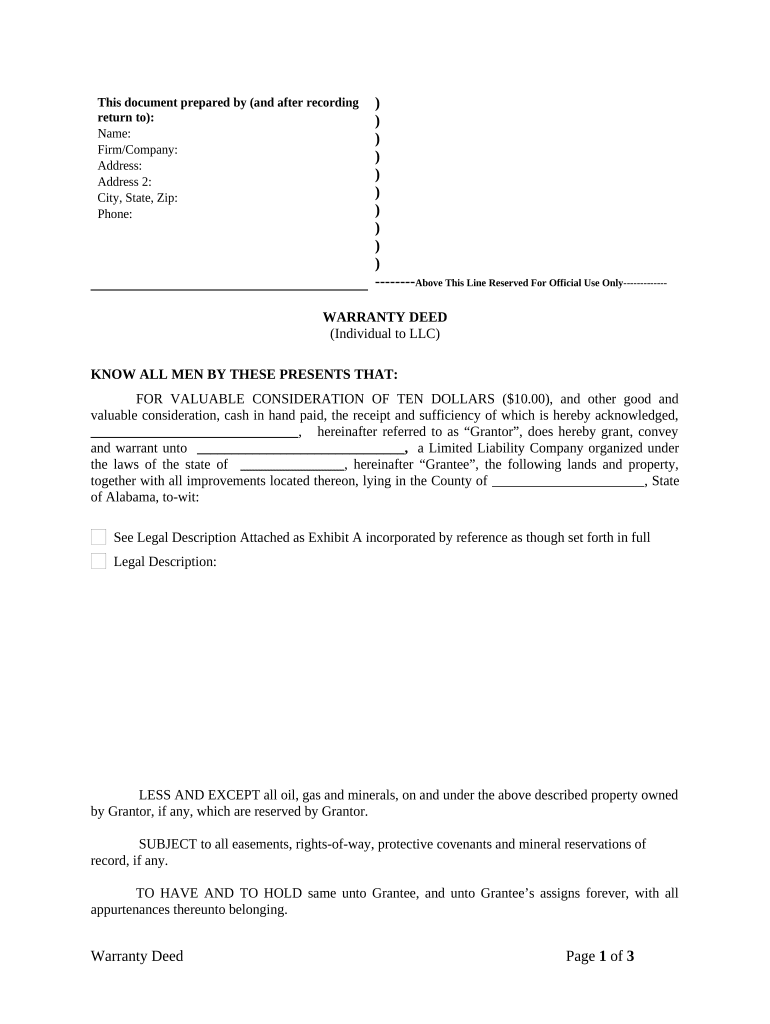 Warranty Deed from Individual to LLC Alabama  Form