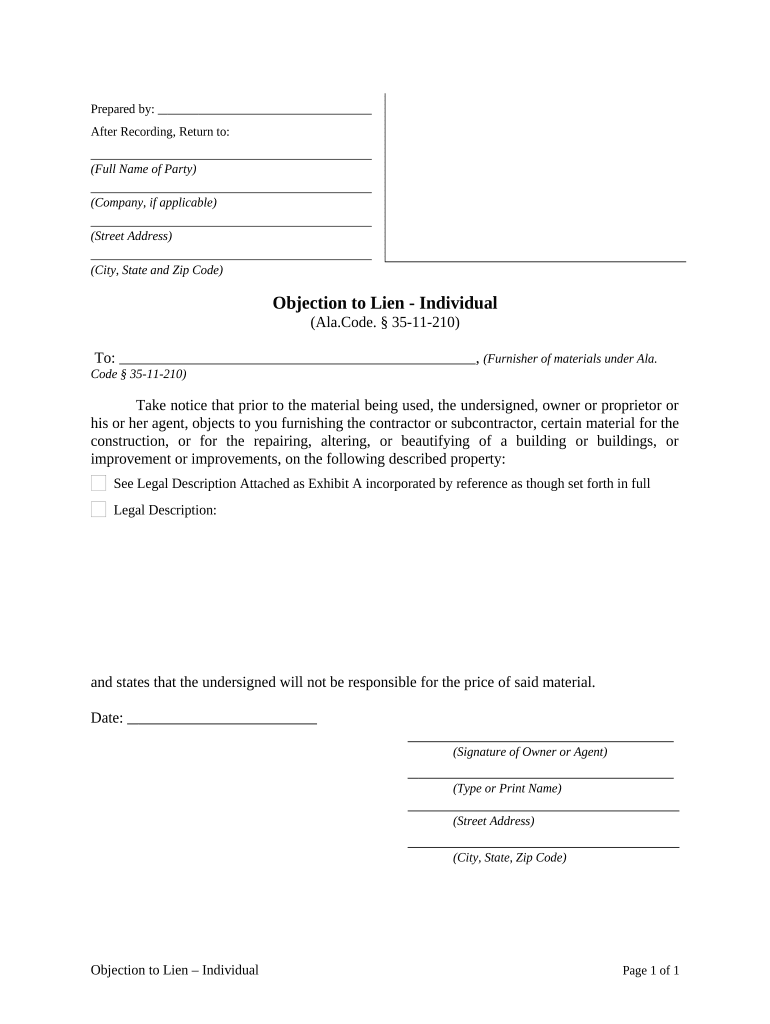 Objection to Lien Individual Alabama  Form