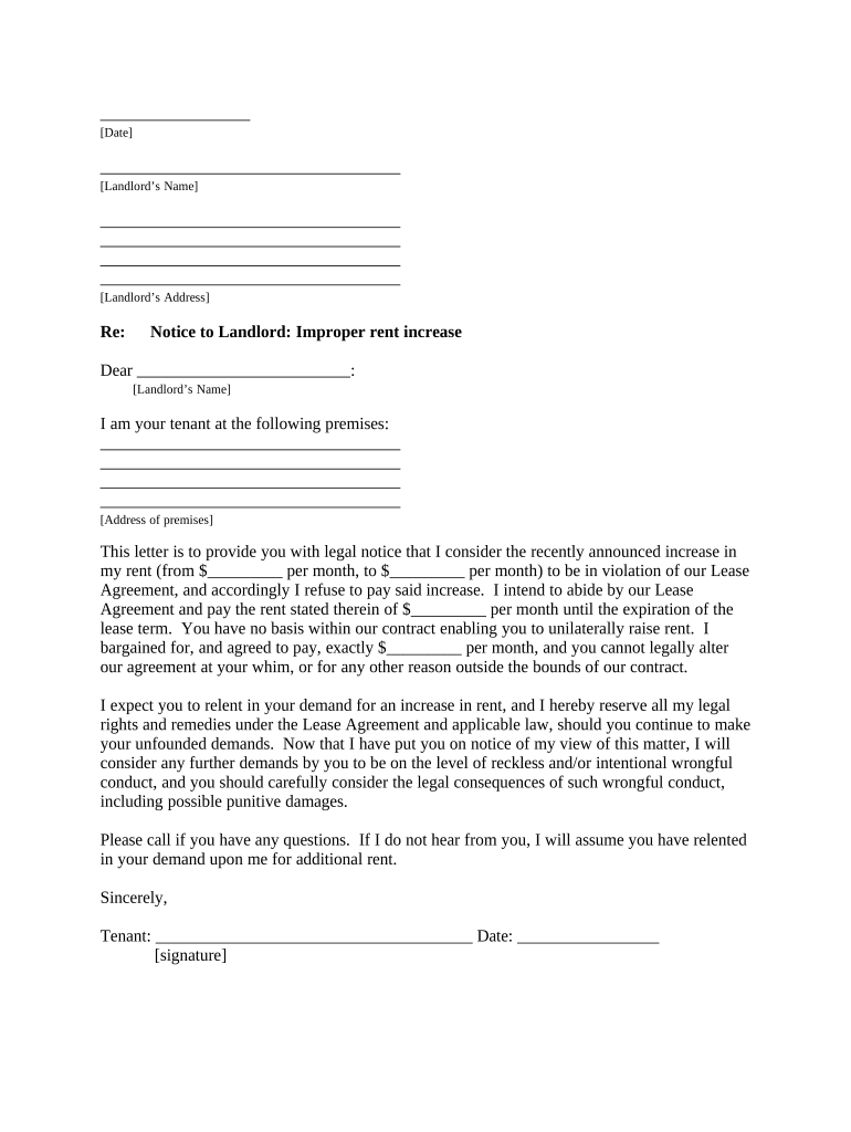 Letter from Tenant to Landlord Containing Notice to Landlord to Withdraw Improper Rent Increase during Lease Alabama  Form