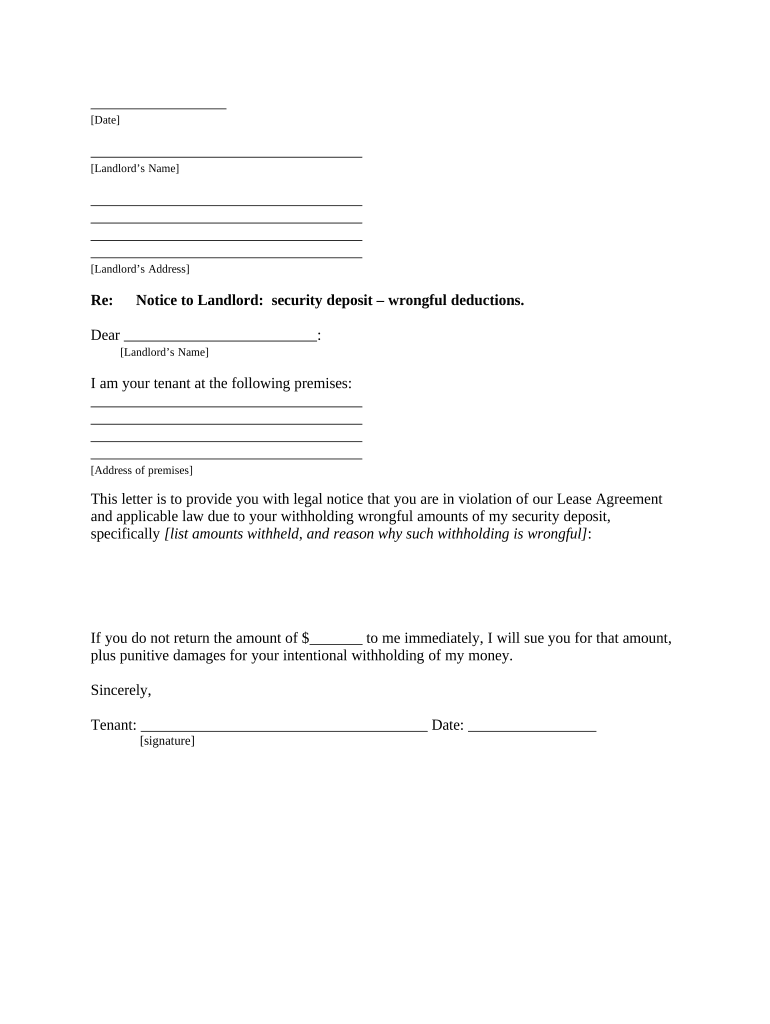 Letter from Tenant to Landlord Containing Notice of Wrongful Deductions from Security Deposit and Demand for Return Alabama  Form