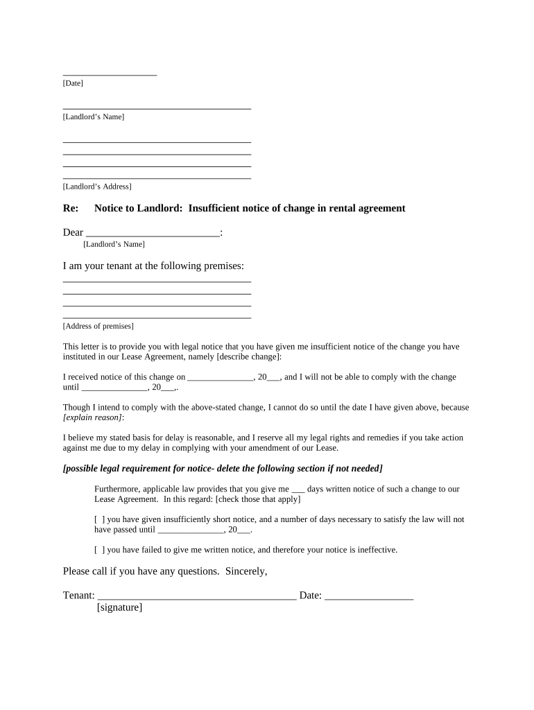 Letter from Tenant to Landlord About Insufficient Notice of Change in Rental Agreement for Other Than Rent Increase Alabama  Form