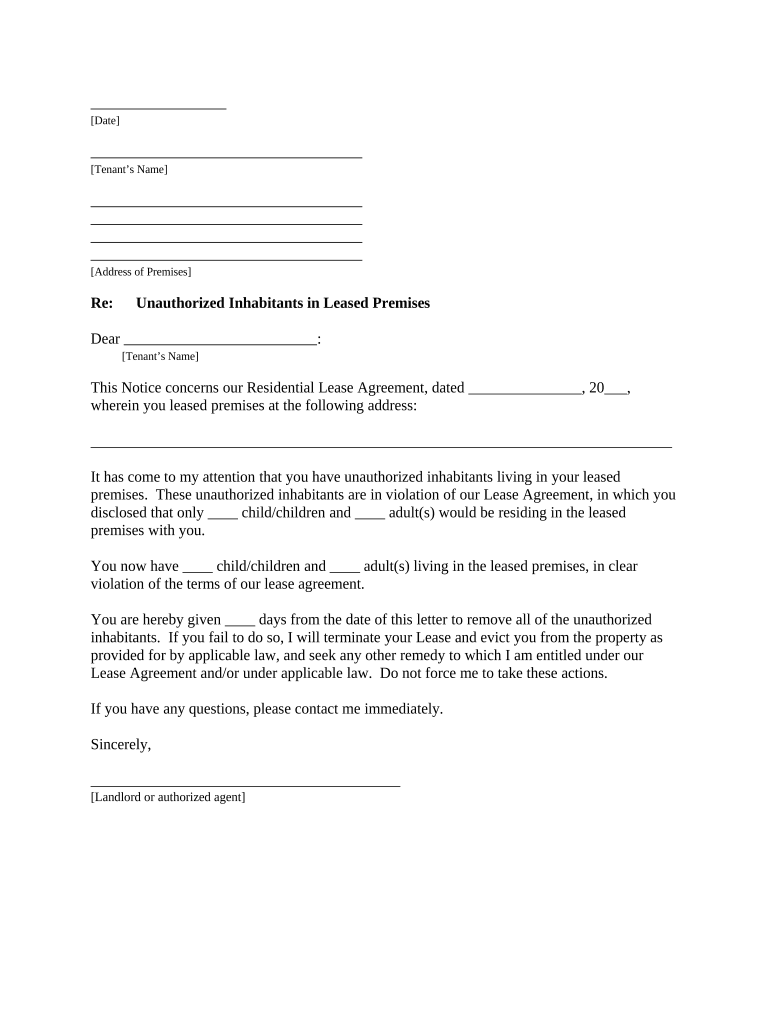 Letter from Landlord to Tenant as Notice to Remove Unauthorized Inhabitants Alabama  Form