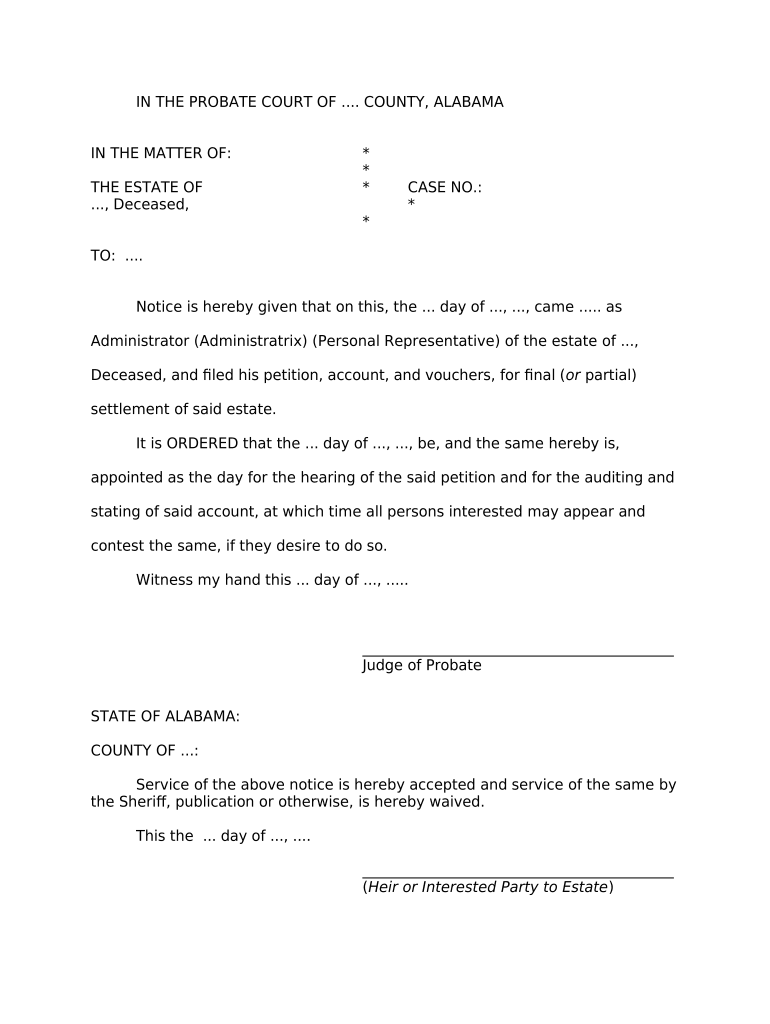 Notice and Order on Petition of Discharge Alabama  Form