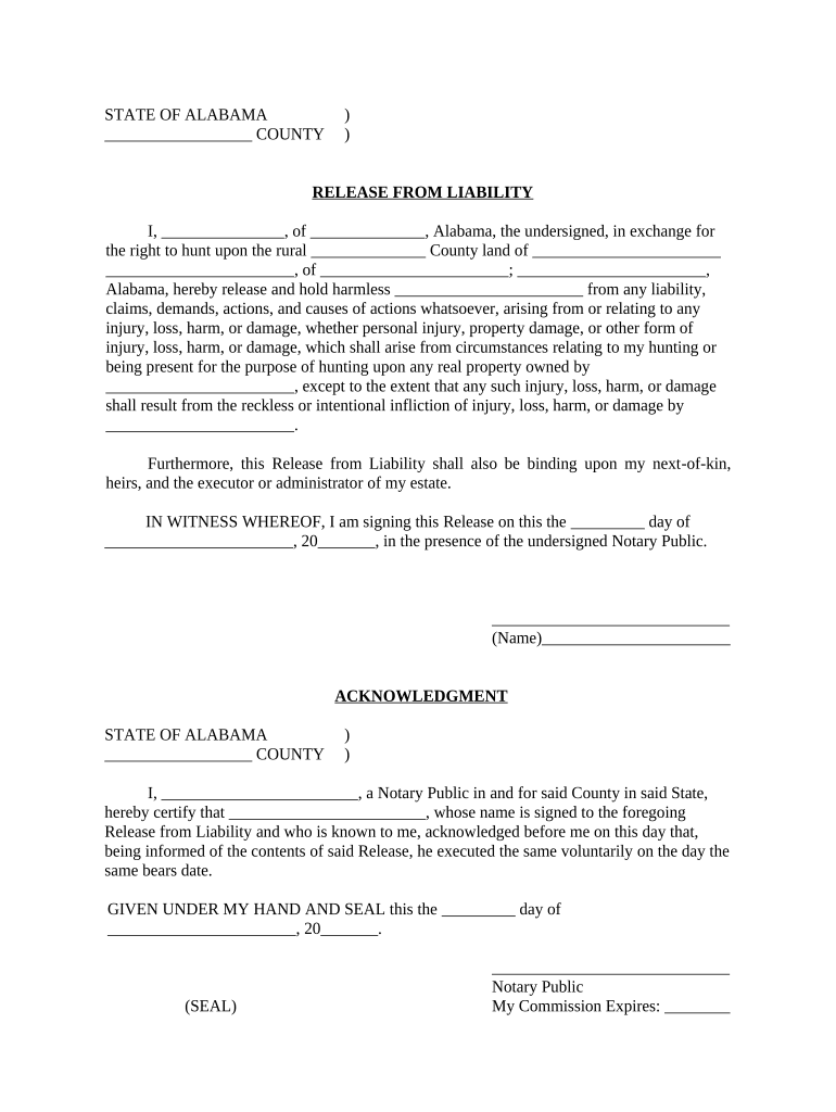 Hunting Release by Hunter to Land Owner Alabama  Form