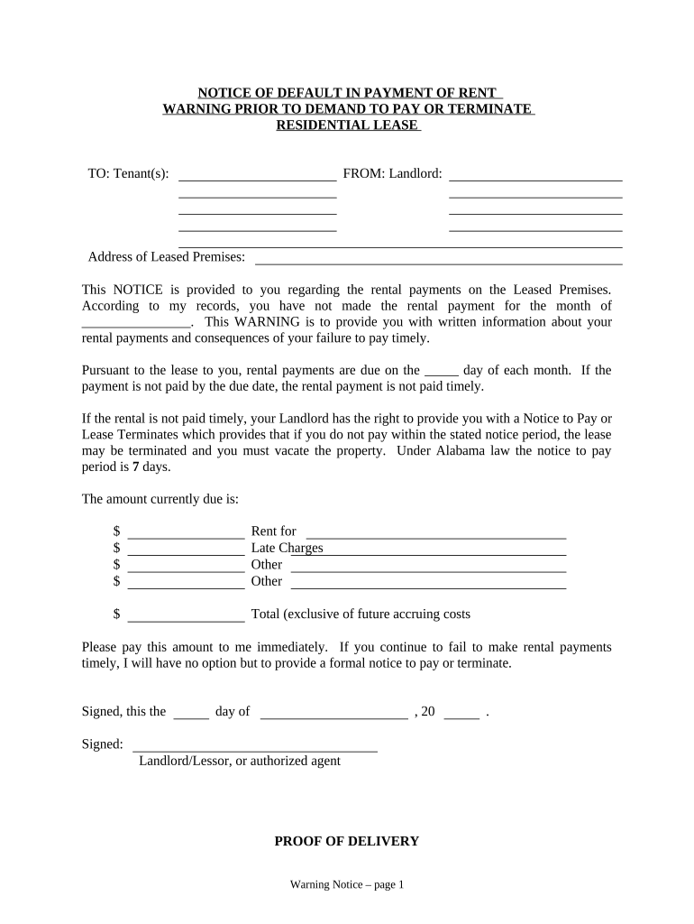 Notice of Default in Payment of Rent as Warning Prior to Demand to Pay or Terminate for Residential Property Alabama  Form