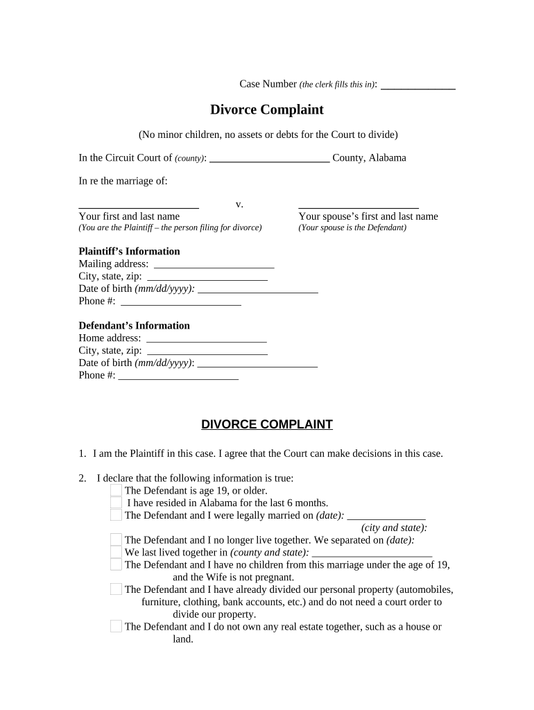 Alabama Complaint Divorce  Form