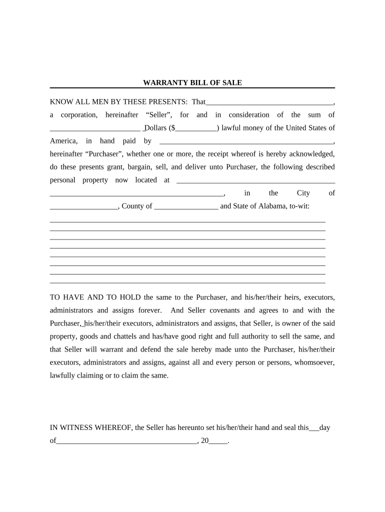 Bill of Sale with Warranty for Corporate Seller Alabama  Form