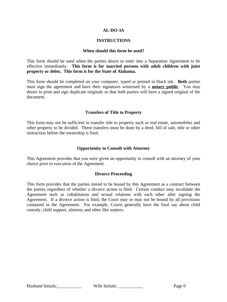 Legal Separation and Property Settlement Agreement with Adult Children Marital Parties May Have Joint Property or Debts Effectiv  Form