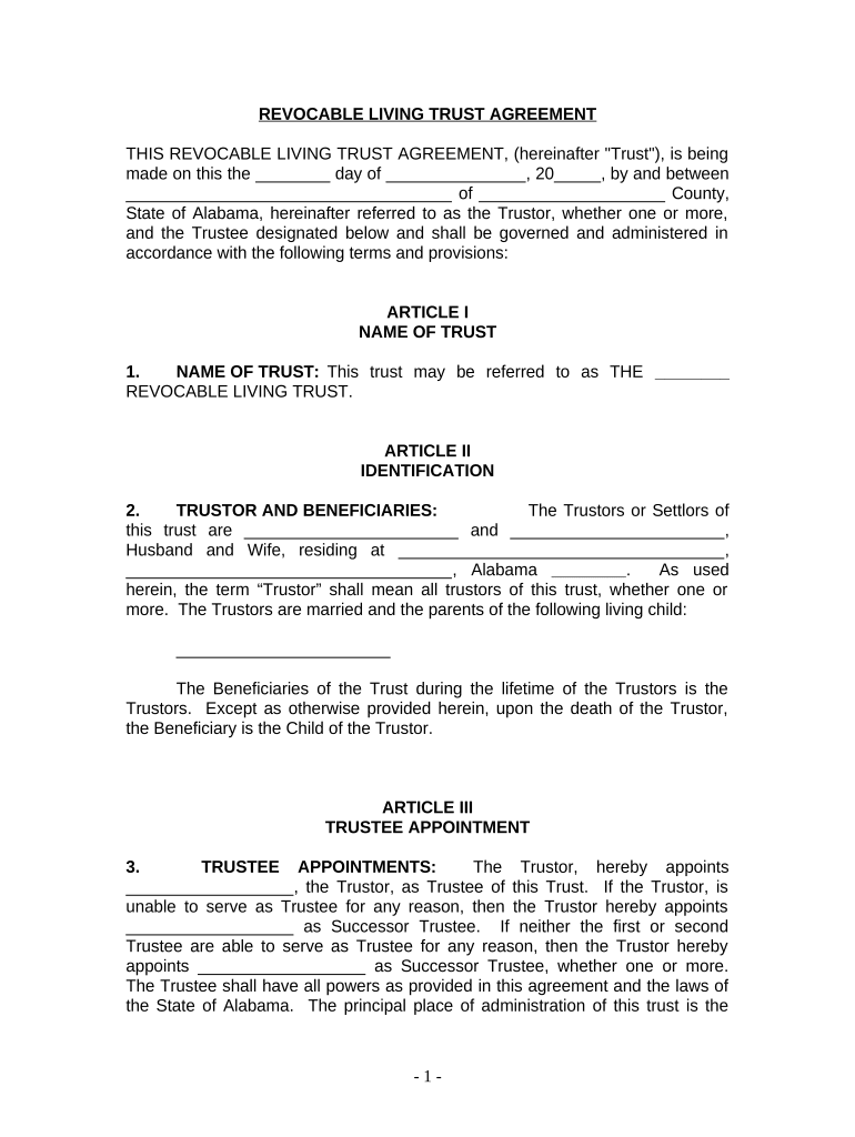 Living Trust for Husband and Wife with One Child Alabama  Form