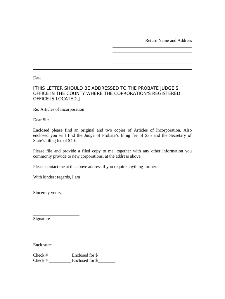 Sample Transmittal Letter to Secretary of State's Office to File Articles of Incorporation Alabama Alabama  Form