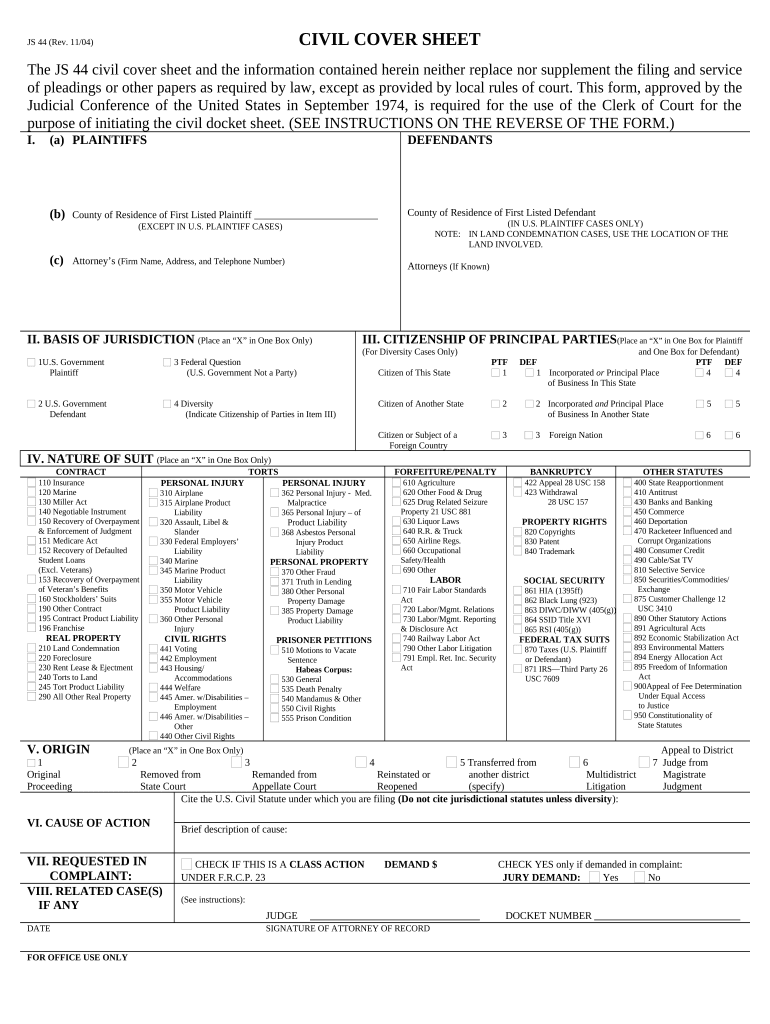 Fill and Sign the Js 44 Civil Cover Sheet Federal District Court Alabama Form