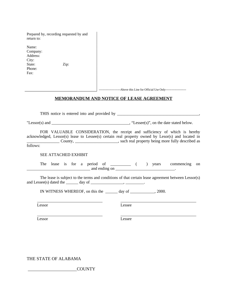 Notice of Lease for Recording Alabama  Form