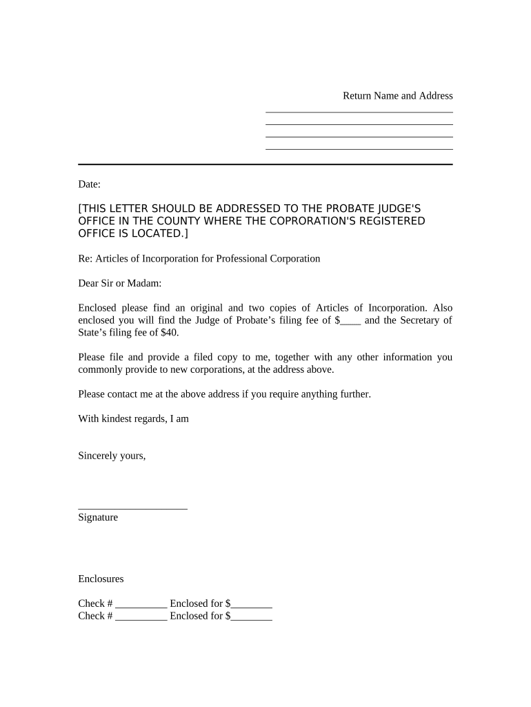 Sample Transmittal Letter for Articles of Incorporation Alabama  Form