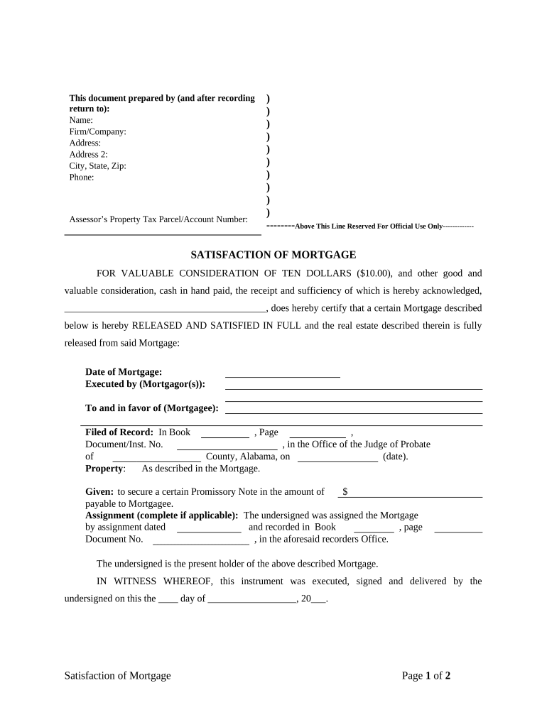 Satisfaction, Release or Cancellation of Mortgage by Individual Alabama  Form