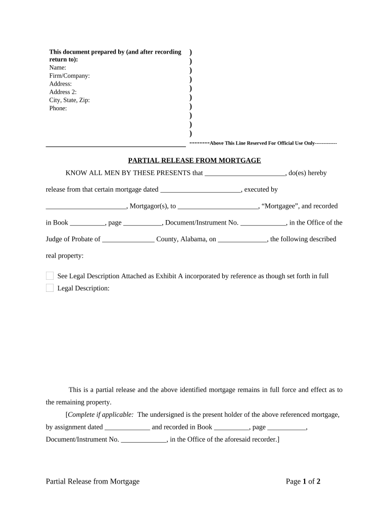 Partial Release of Property from Mortgage for Corporation Alabama  Form